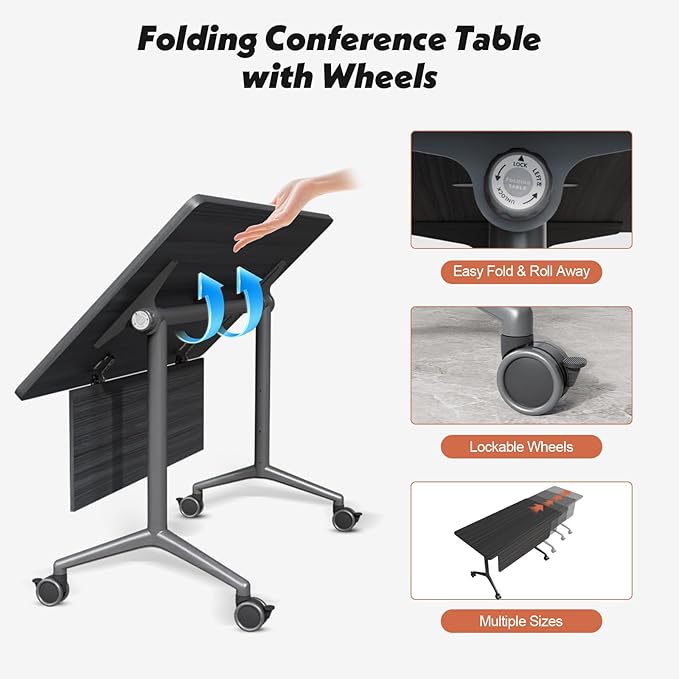 Goakwwuz Conference Room Table, Folding Conference Tables,Thicken Grey Tabletop,Flip Top Wooden Seminar Meeting Room Table for Conference Room Offices (10, BlackWoodGrain, 55.1”)