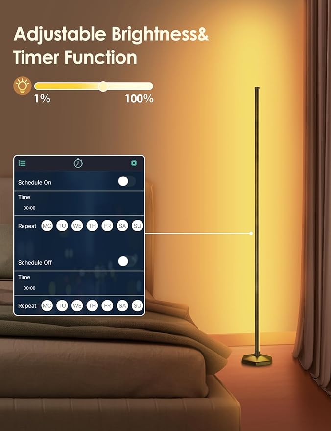 YIKBIK RGB Corner Floor Lamp, 65" Color Changing LED Floor Lamp Bluetooth APP Remote Control Music Sync Modern Standing Lamp 16 Million DIY Colors with Heavy Base for Living Room Bedroom GameRoom