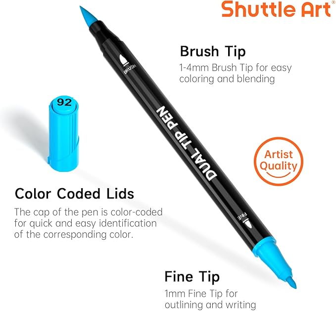 Shuttle Art Dual Tip Brush Marker Pens, 25 Colors Water-based Ink, Fine and Brush Tip Marker Set with 1 Coloring Book for Kids Adult Artist Calligraphy Hand Lettering Journal Doodling Writing