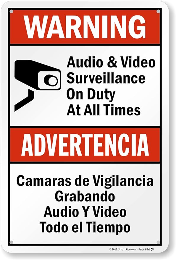 SmartSign 18 x 12 inch “Warning - Audio & Video Surveillance On Duty At All Times” Bilingual Sign, Digitally Printed, 55 mil HDPE Plastic, Red, Black and White, Made in USA