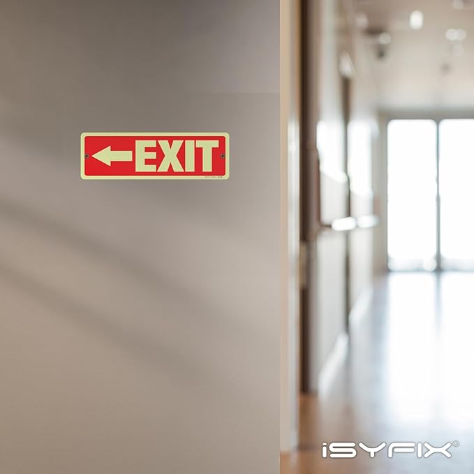 iSYFIX Exit Signs with Directional Left Arrow, Glow in the Dark, Photoluminescent Aluminum 12x4 Inch - 6 Pack, Laminated for UV & Weather Resistance, Ideal for Offices, Schools, Theaters & More