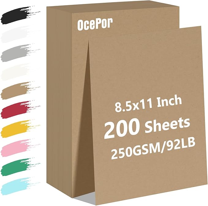 OcePor 200 Sheets Brown Cardstock Paper, Colored Printer Paper 8.5 x 11, Card Stock Thick Construction for Craft,Scrapbook，Office Printing, Invitations, Certificates，92 lb/250gsm
