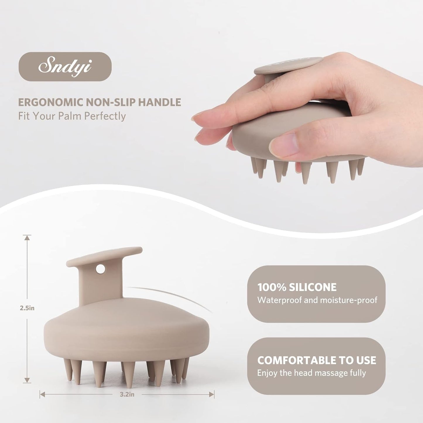 Sndyi Silicone Scalp Massager Shampoo Brush, Hair Scrubber with Soft Silicone Bristles, Scalp Scrubber/Exfoliator for Dandruff Removal, Wet Dry Scalp Brush for Hair Growth & Scalp Care, Khaki