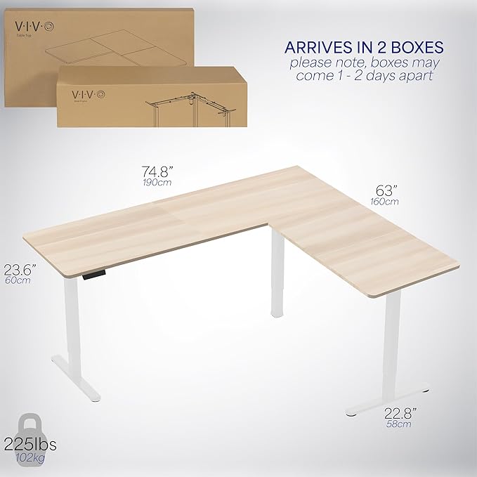 VIVO Electric Corner 75 x 63 inch L-Shaped Standing Desk, Memory Height Adjustment, Light Wood Top White Frame, DESK-E3CTC-75