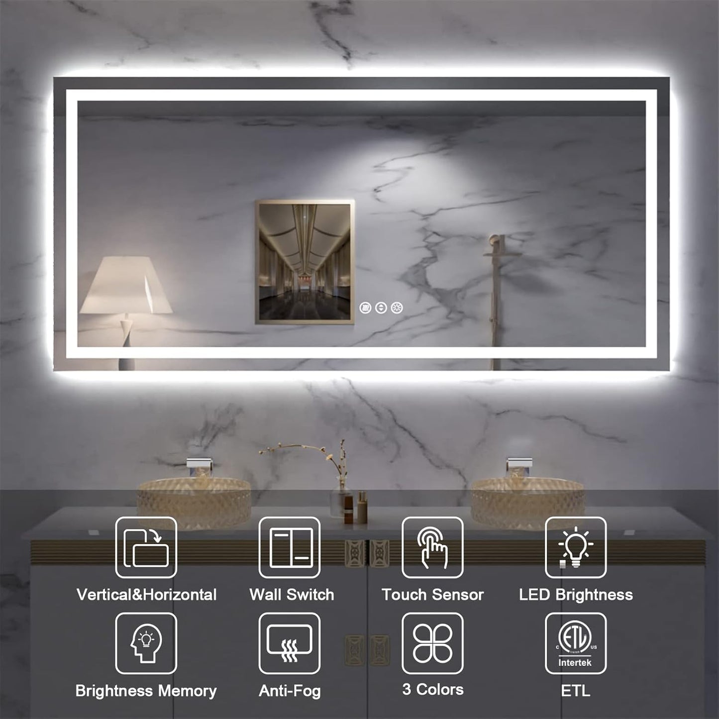 Amorho LED Bathroom Mirror 84" X32" with Front and Backlight, Large Dimmable Wall Mirrors with Anti-Fog, Shatter-Proof, Memory, 3 Colors, Double LED Vanity Mirror