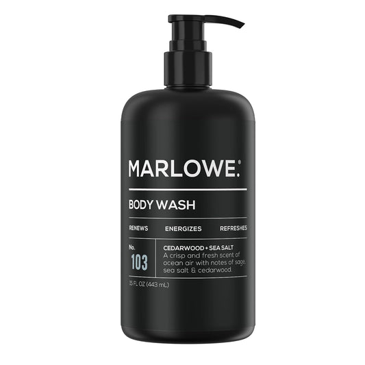 MARLOWE. No. 103 Body Wash 15 oz Pump, Cedarwood + Sea Salt, Energizing & Refreshing Shower Gel, Willow Bark & Green Tea Extracts, Cleanses, Moisturizes, Smooths & Nourishes, Fresh & Zesty Scent