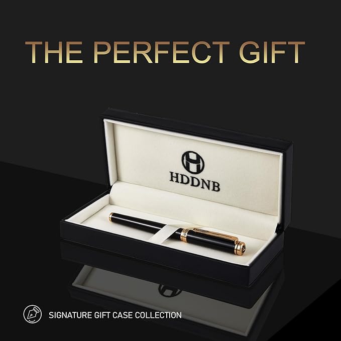 HDDNB Black Luxury Fountain Pen Set for Men and Women with Gift Box, 24K Gold Finish and Gilded Nib(Fine) with 5 Black Ink Cartridges and Converter