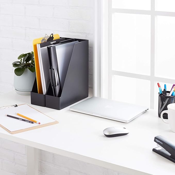Amazon Basics Plastic Desk Organizer - Vertical Magazine and File Holder, Black, 2-Pack
