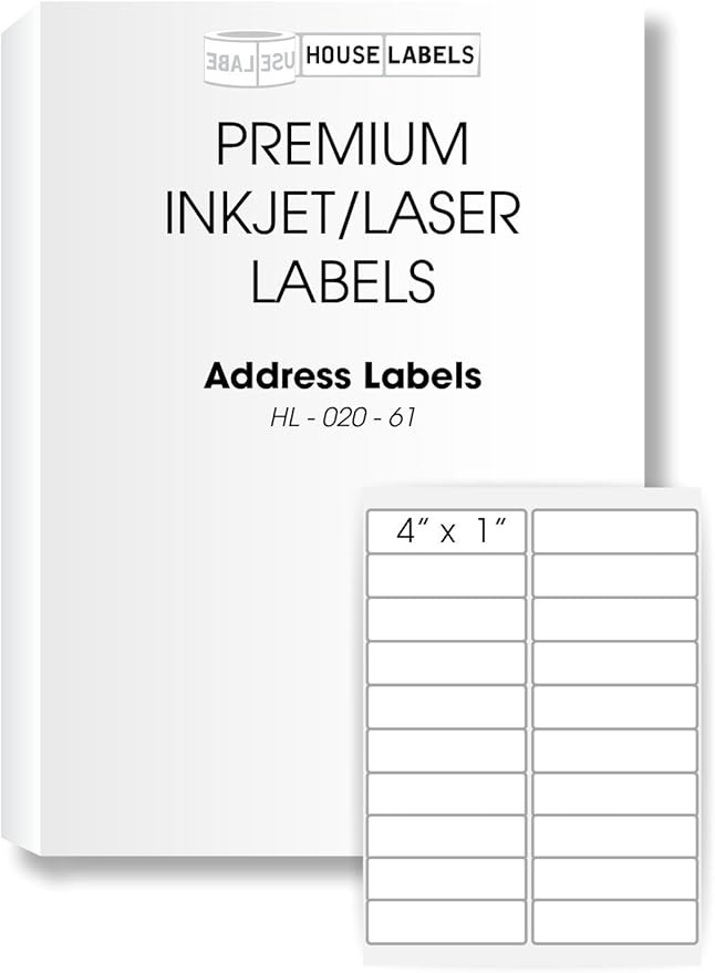HOUSELABELS 20-up Shipping Labels (4" x 1") for Laser and Inkjet Printers, 1200 Sheets