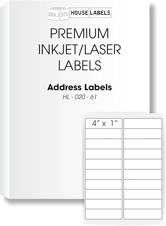HOUSELABELS 20-up Shipping Labels (4" x 1") for Laser and Inkjet Printers, 1200 Sheets