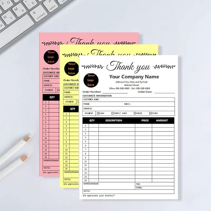 Custom Carbonless Sales Invoice Form Books for Small Business, Personalized NCR 2-Part Receipt Book with Carbon Copies, Cover Add Company Name, Address and Number Printed