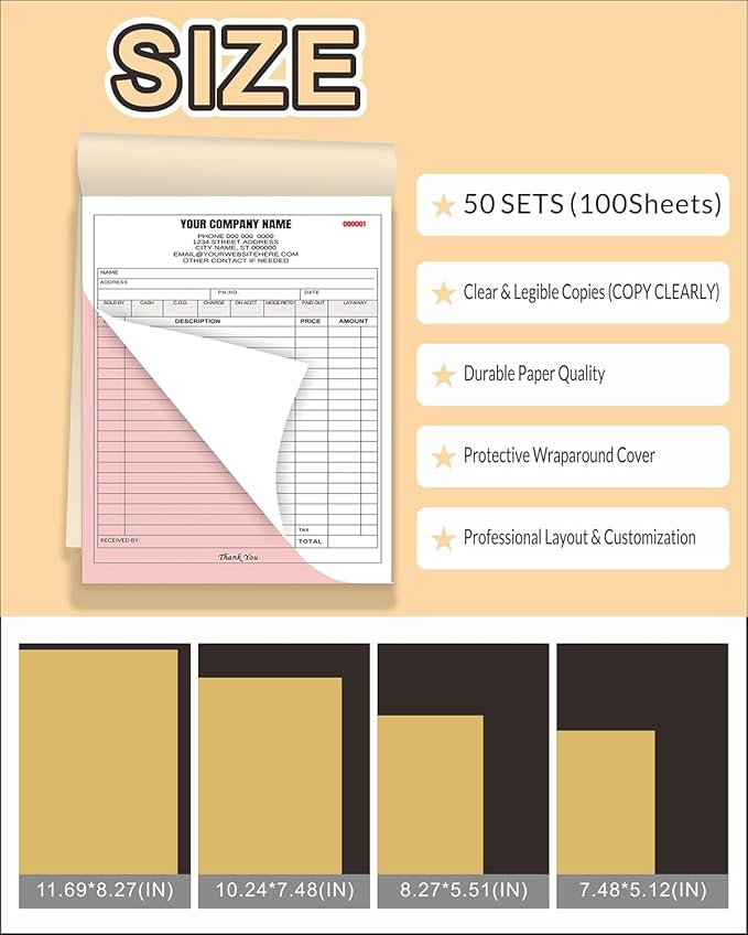 Custom Carbonless Invoice Book with Logo, Personalized Cover & Inner Pages, 2 Part NCR Receipt & Work Order Forms, Easy Tear, Writing Shield for Small Business (2-Part [White/Yellow], 8.3 x 5.5INCH)