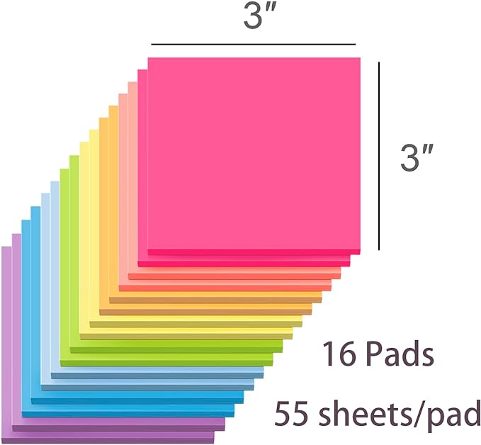 (16 Pack) Sticky Notes 3x3, Self-Stick Pads Bright Colors Sticky Note, Recyclable, Easy to Stick for Home, Office, Notebook