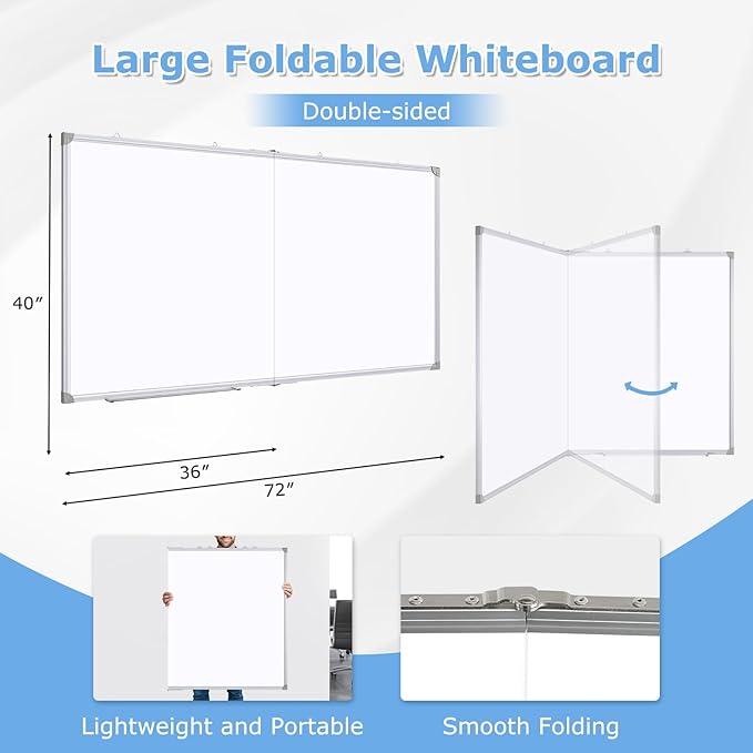 DOLLAR BOSS Large White Board 72 x 40 Inch Foldable Magnetic Whiteboard for Wall, Portable Double Sided Dry Erase Board, Aluminum Frame Message Board for School, Office, Classroom with Eraser, Markers