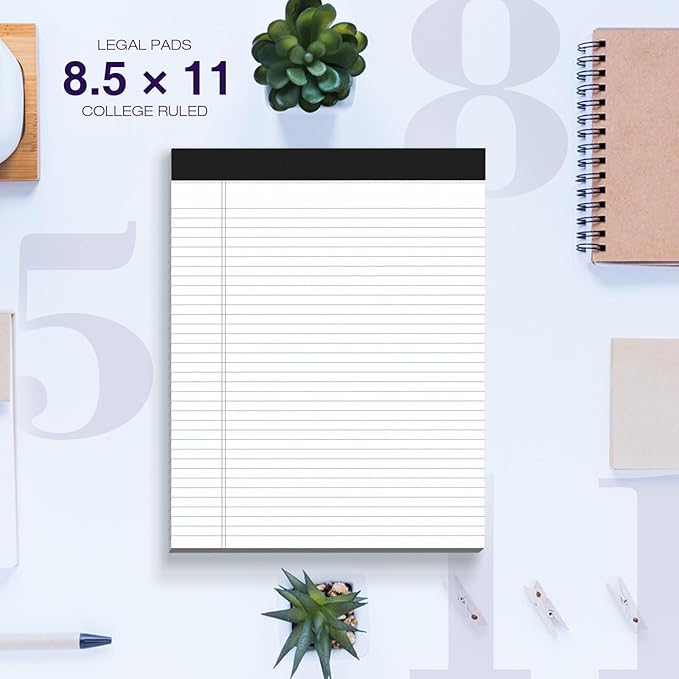 6 Pack Legal Pads 8.5 x 11 College Ruled 300 Sheets Note Pads 8.5 x 11 Notepads Perforated Writing Pads 8.5 x 11 Pads of Paper Lined White Paper, 50 Sheets per Notebook for Office & School Supplies