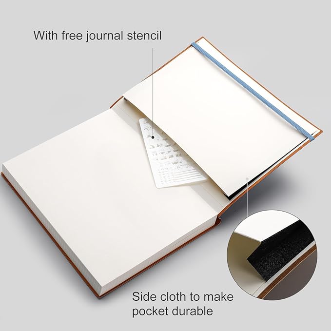 AHGXG Bullet Dotted Journal - Large A4 Notebook Dotted, 8.5''×11'', 320 Pages Dot Grid Notebook, 100gsm Thick Paper, Leather Softcover, with Journal Stencils, Inner Pocket - GrayBlue