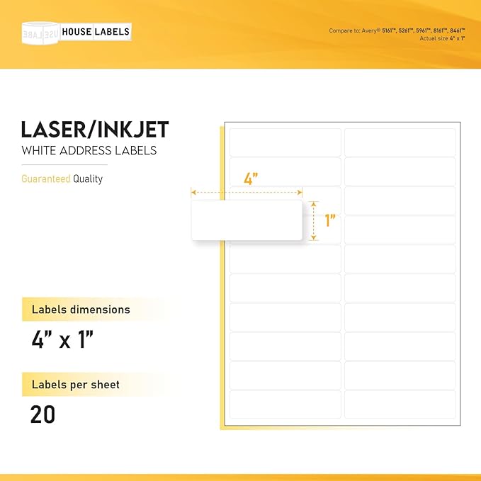 HOUSELABELS 20-up Shipping Labels (4" x 1") for Laser and Inkjet Printers, 1,000 Sheets