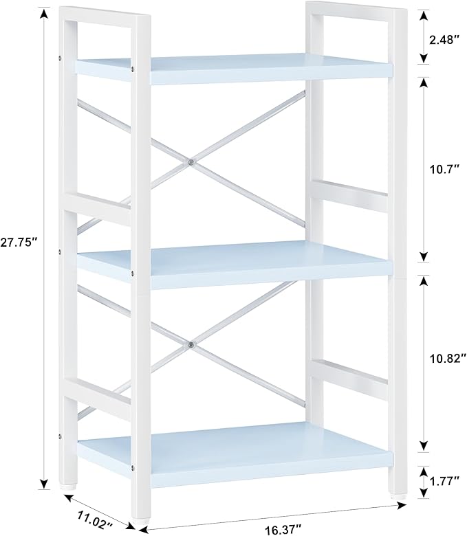 Homeiju Bookshelf, 3 Tier Industrial Bookcase, Metal Small Bookcase, Rustic Etagere Book Shelf Storage Organizer for Living Room, Bedroom, and Home Office(Blue) Patent Pending D29873033