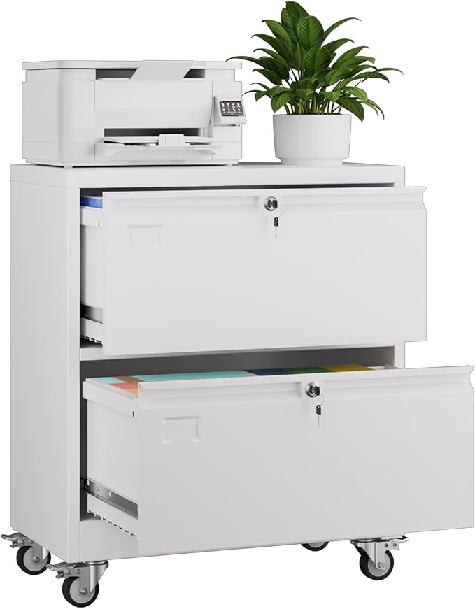 METAN Upgrade 2 Drawers Lateral File Cabinet on Wheels,Steel Office Filing Storage Cabinet with 2 Locks,White,Assembly Required