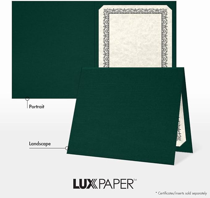 LUXPaper 9.5" x 12" Certificate Holders | Green Linen | 100lb. Cover | 50 Qty