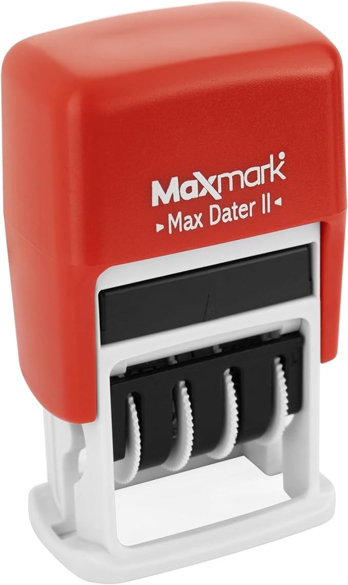 MaxMark Self-Inking Rubber Date Office Stamp with Posted Phrase & Date - RED Ink (Max Dater II), 12-Year Band