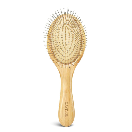 Bamboo Paddle Hairbrush with Steel Bristles for Anti-Static Detangling & Scalp Massage – Wooden Handle Brush for Hair Growth, All Hair Types
