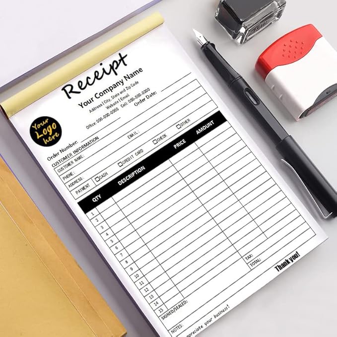 Custom Carbonless Sales Invoice Form Books for Small Business, Personalized NCR 3-Part Receipt Book with Carbon Copies, Cover Add Company Name, Address and Number Printed