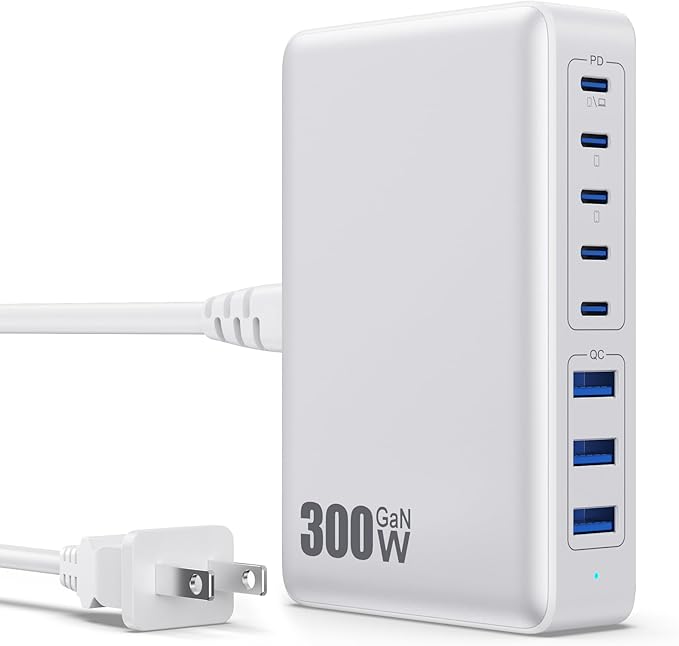USB C Charger 300W USB C Charger Block 8-Ports GaN IV Fast Charging Station,PD 100W Laptop Charging Hub Wall Charge Adapter Compatible with MacBook/Air,DELL,Steam Desk,iPhone 16/15/14,Galaxy