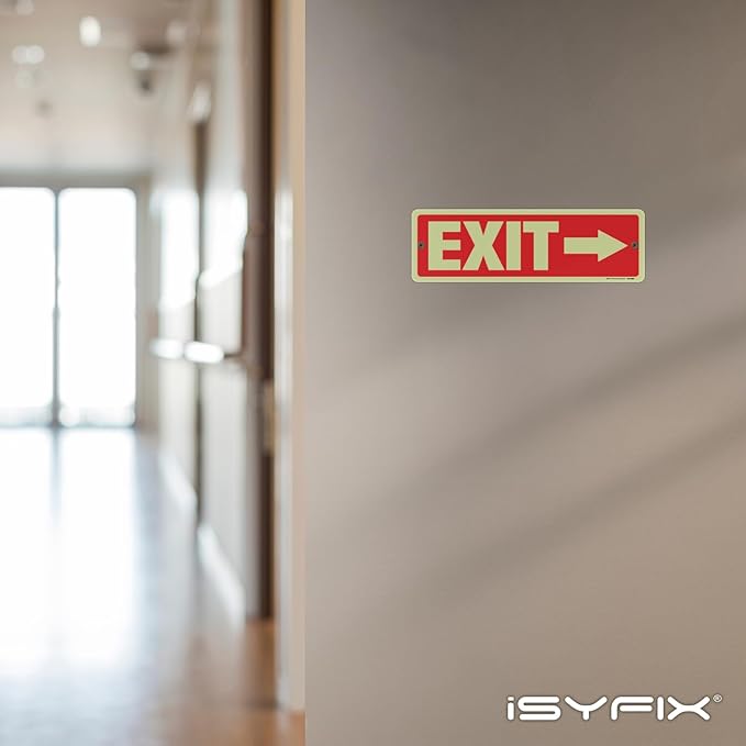 iSYFIX Exit Signs with Directional Right Arrow, Glow in the Dark, Photoluminescent Aluminum 12x4 Inch - 2 Pack, Laminated for UV & Weather Resistance, Ideal for Offices, Schools, Theaters & More