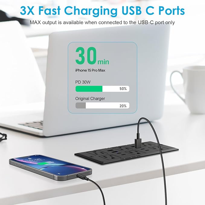 Recessed Power Strip with PD 30W Fast Charging, Conference Desk Flush Mount Outlets Plug in 6 Outlets & 8 USB Ports,3FT Cord Furniture Drawer Outlet Black