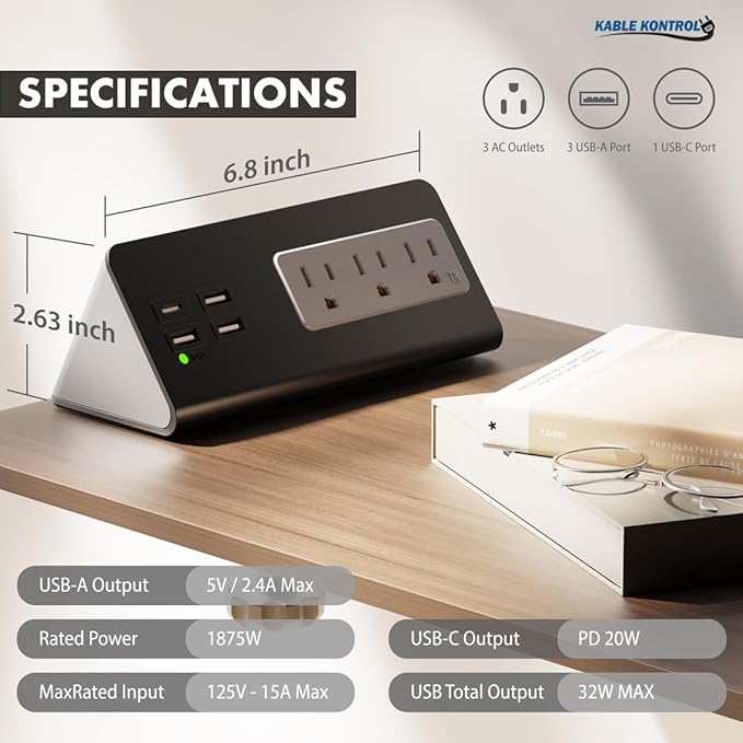 Kable Kontrol Desk Clamp Power Strip with USB-C Port, Nightstand Charging Station, 3 AC Outlets, 3 USB-A Ports, Fast Charger, Easy Installation for Home, Offices, Hotels – 4.9 Ft, White, 5 Pcs
