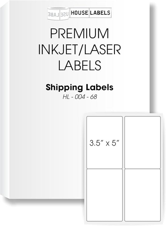 HOUSELABELS 4-up Shipping Labels (3-1/2" x 5") for Laser and Inkjet Printers, 25 Sheets