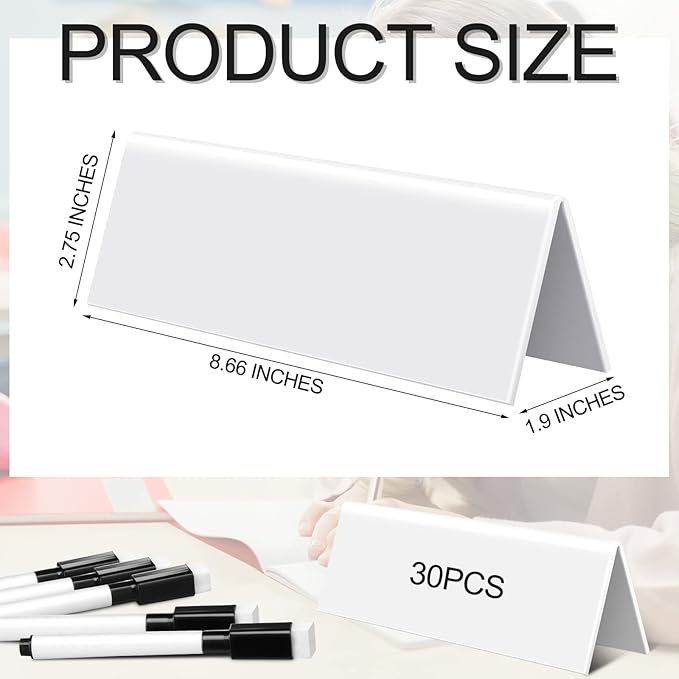 Fainne 30 Sets Dry Erase Name Tent Cards with Black Markers 8.7 x 2.8 x 1.9 Inches White Reusable Name Plate Wipe Clean Desk Tags Sign for Classroom Table Office Conference Meeting Weddings