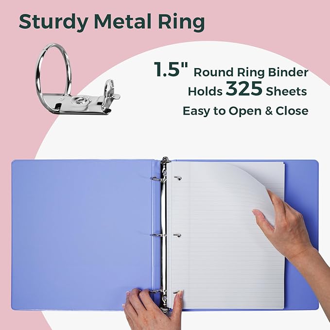 POPRUN 3 Ring Binder 1.5 Inch, PVC-Free, Holds 325 Sheets of 8.5 x 11 Paper, Extra Durable Organizer with 2 Pockets for School & Office, Heavy-Duty, 2 Pack, Midnight Green