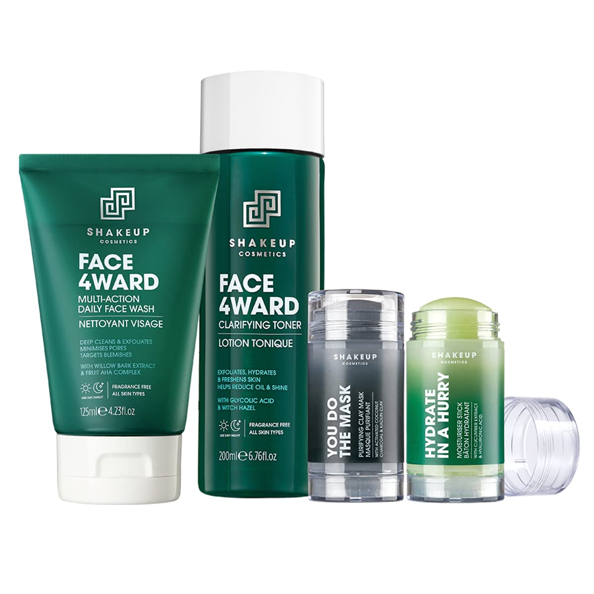 Shakeup - 4-Piece Clear Skin Kit, Mens Skincare Gift Set, Targets Blemishes, Daily Face Wash, Clarifying Toner, Purifying Mask & Moisturiser Stick
