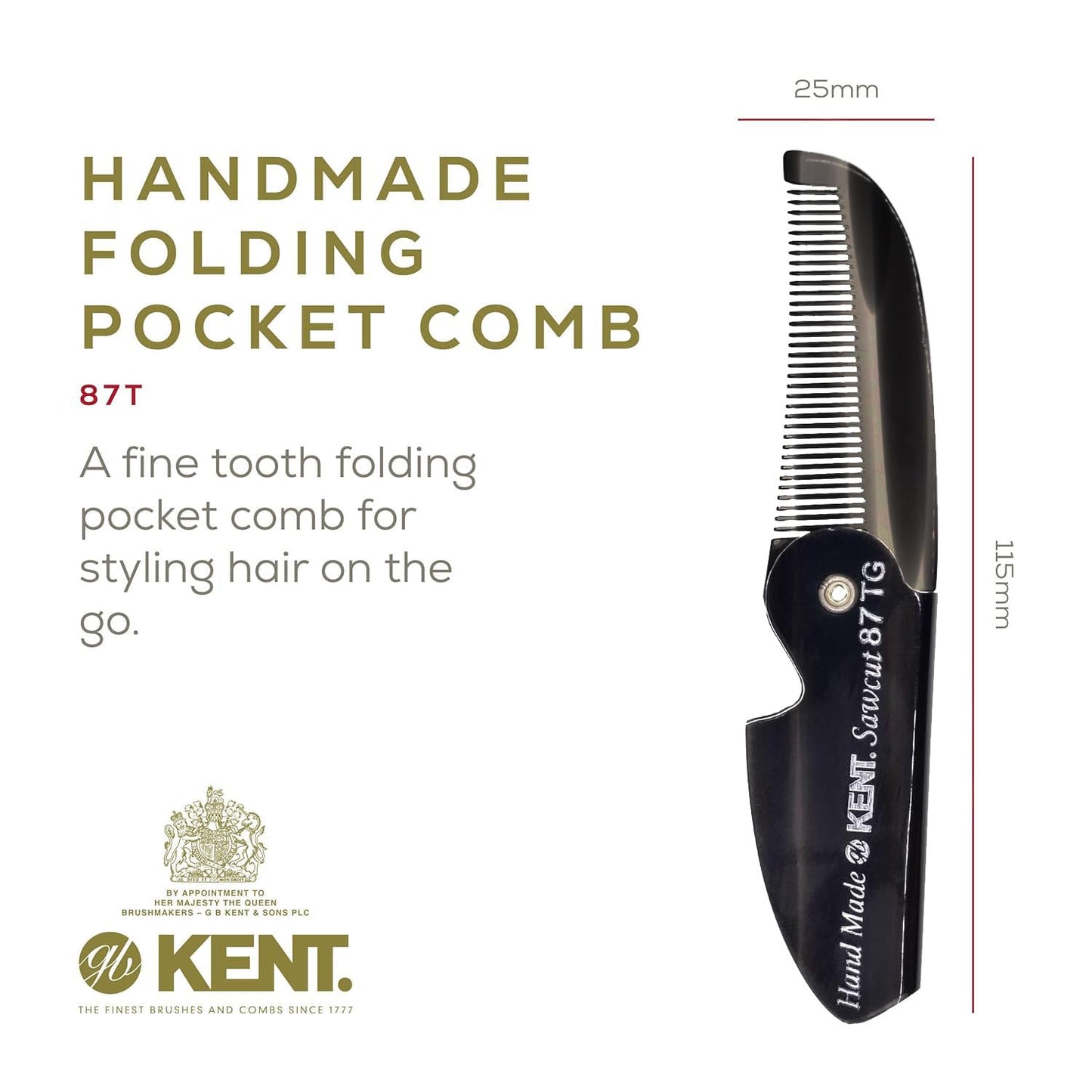 Kent 87T Black Graphite Handmade Folding Pocket Comb for Men, Fine Tooth Hair Comb Straightener for Everyday Grooming Styling Hair, Beard or Mustache, Saw Cut Hand Polished, Made in England (2 Pack)