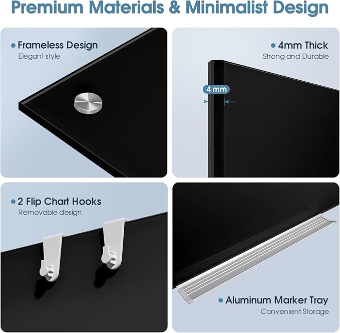 MaxGear Glass Whiteboard, Tempered Magnetic Dry Erase Board Black, Frameless Wall Mounted, Office Classroom Conference Room Home Use, Includes Markers, Eraser, Magnets & Mounting Kit