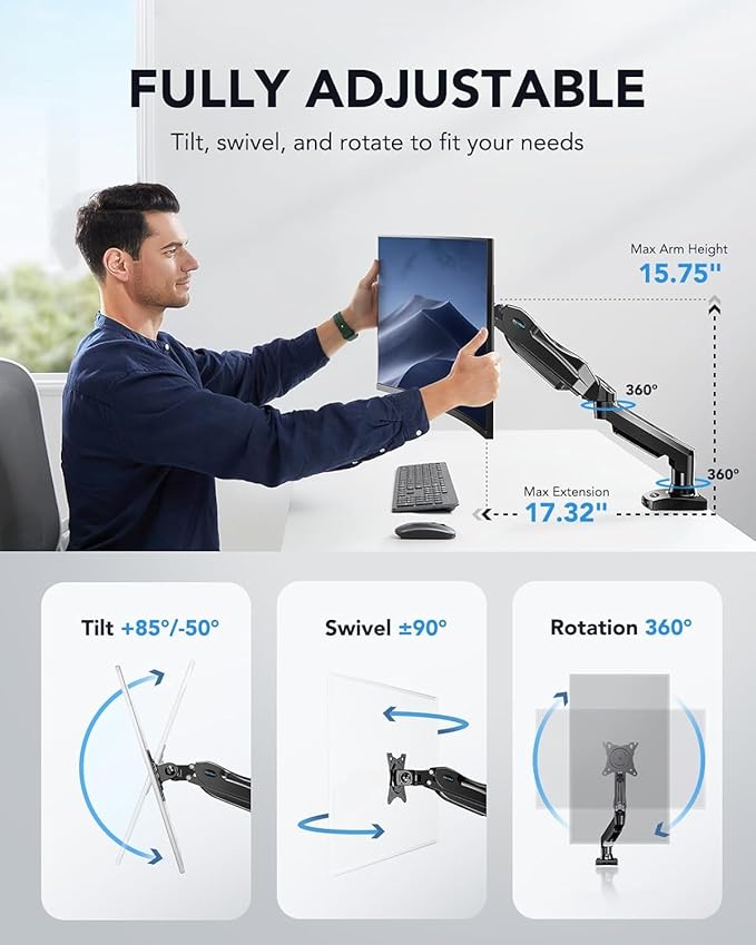 HUANUO Single Monitor Mount, 13 to 32 Inch Monitor Arm, Adjustable Monitor Stand, Vesa Mount with Clamp and Grommet Base - Fits 4.4 to 19.8lbs LCD Computer Monitors
