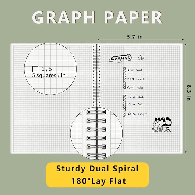 WRENBEN 3PCS Graph Grid 120GSM Thick Paper Spiral Notebooks with Removable Elastic Bands, Medium Size Graphing notebook 5.7" x 8.3" (A5, Grid)