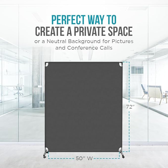 Steel-AID 50-inch Rolling Privacy Room Divider - Freestanding Office Wall Partition with Non See-Through Blackout Screen - Sturdy & Durable Iron Frame - Rolling Wheels - Black, White, Gray & Blue