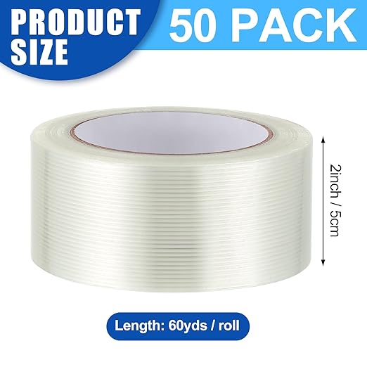 Treela 50 Rolls Strapping Tape 2 Inch X 60 Yards 5.5 Mil Fiberglass Filament Tape Transparent Reinforced Heavy Duty Packing Strips for Shipping Sealing Binding Fixing