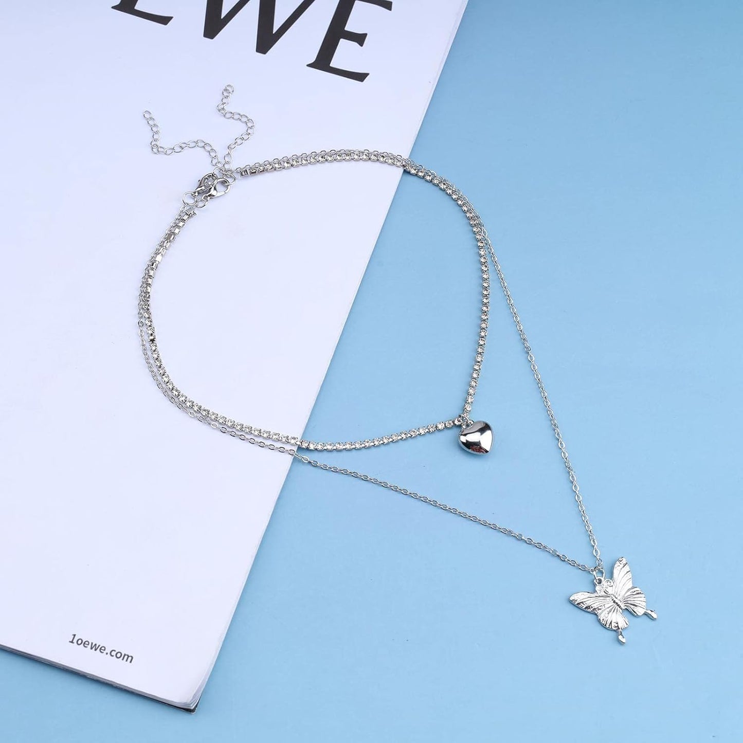 Punk Layered Butterfly Choker Necklace Rhinestone Tennis Chain Necklace Silver Puffy Heart Pendant Necklace Choker Boho Crystal Clavicle Necklace Jewelry for Women and Girls 2 Pcs