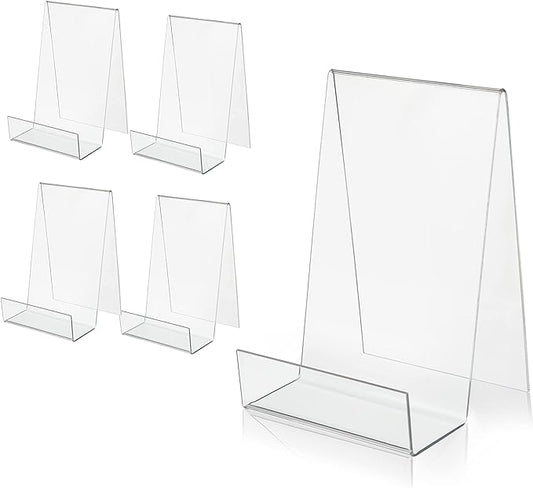 ZOEY Acrylic Book Easel Stand with Ledge Clear Easels Plate - 5 Pack for Books Display, Music Sheets, Artworks, CD, Tablet Holder (Small)