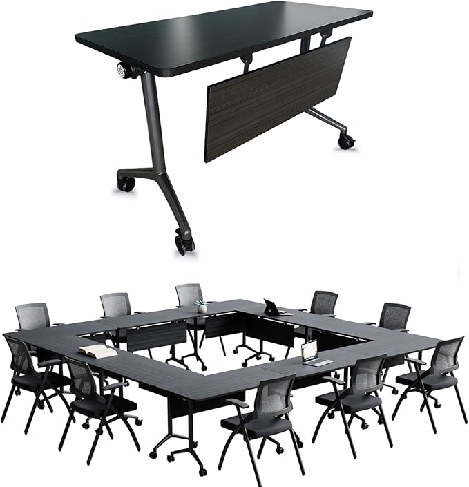 Goakwwuz Conference Room Table, Folding Conference Tables,Thicken Grey Tabletop,Flip Top Wooden Seminar Meeting Room Table for Conference Room Offices (6, BlackWoodGrain, 61.0“)