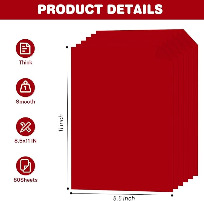 Cardstock 8.5 X 11, 80 Sheets Christmas Red Card Stock, 75lb/ 200gsm Copy Paper, Cardstock Printer Paper for Art, Drawing, Invitations, DIY Cards, Craft, Construction, School & Office Supplie