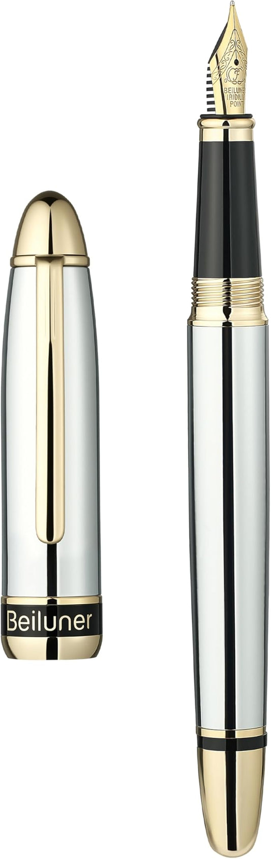 BEILUNER 315 Silver Chrome Fountain Pen,Stunning Luxury Pens with 24K Gold Accents, Gorgeous 24K Gilded Nib(Fine), Ink Converter,Fancy Pen Gift for Men&Women-Elegant, Office, Writing, Nice Design