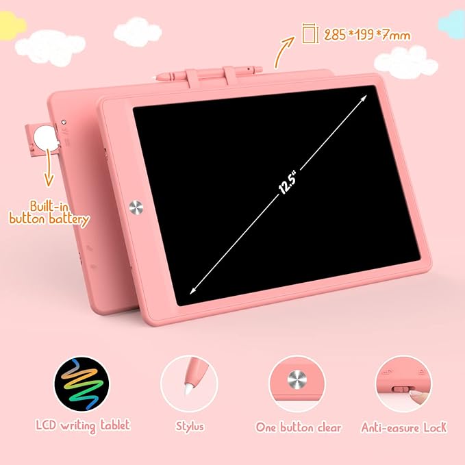 BUKEBU LCD Writing Tablet Doodle Board,12.5 inch Colorful Drawing Pad,Electronic Drawing Tablet, Drawing Pads,Travel Gifts for Kids Ages 3 4 5 6 7 8 Year Old Girls Boys (Pink)