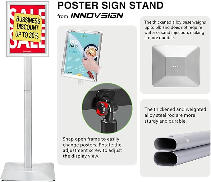 INNOVSIGN 3Packs Heavy Duty Adjustable Pedestal Poster Sign Stand, 11x17 Aluminum Open Floor Standing Sign Holder for Vertical and Horizontal View Display, Silver