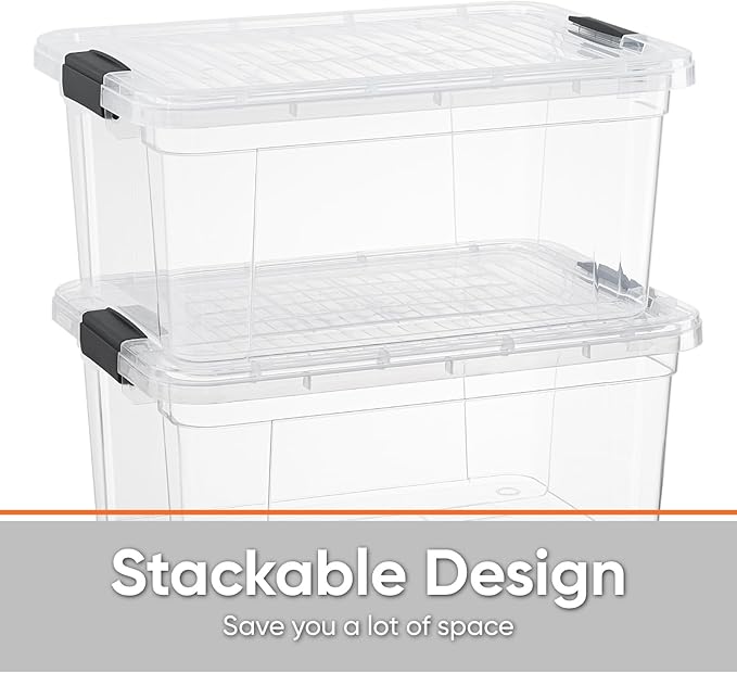Superio Storage Bins with Lids- 4 Pack, 6.6 Qt Clear Boxes for Organizing, Stackable Plastic Containers- BPA Free, Non-Toxic, Odor Free, Organizer for Home, Office, Dorm