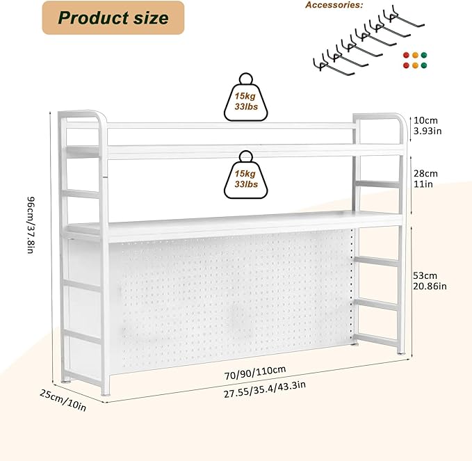 ZWCQSYS 2-Tier Desktop Bookshelf Hutch - Metal Desk Shelf Bookcase with Desk Pegboard Countertop Storage Organizer Rack for Dorm or Office (B, 110cm/43in)